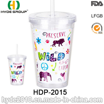 16oz двойной стенкой пластиковый стакан с соломинкой для продвижения (HDP-2015)